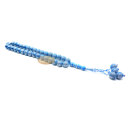 Large Sibha 13 mm Blue & Metallic Silver Meandros Plastic Resin 33-Bead Muslim Tasbih Prayer Beads