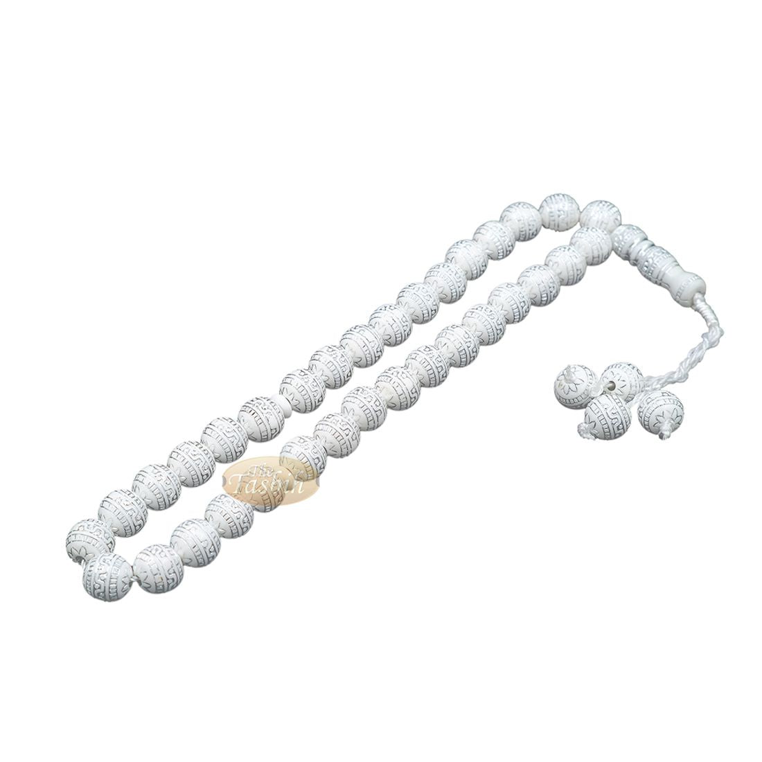 Large Sibha 13-mm White & Metallic Silver Meandros Design Plastic Resin 33-bead Muslim Tasbih Prayer Beads