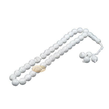 Large Sibha 13 mm White & Metallic Silver Meandros Design Plastic Resin 33-Bead Muslim Tasbih Prayer Beads