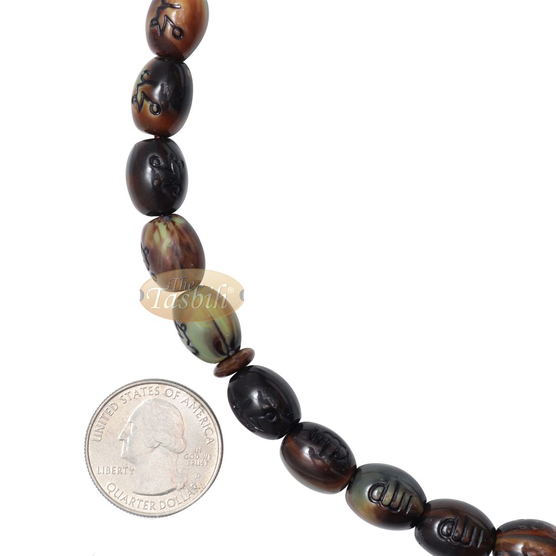 Tasbih – Allah Muhammad Inscribed 13×11 mm Oval Prayer Beads 33-ct Marble Dark Brown Sibha Misbaha Subha Tasbeeh