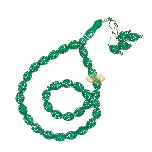 Large Green Tasbih 11×14-mm Plastic Resin Electroplated Silver-tone Flower Design 33-ct Prayer Dhikr Beads