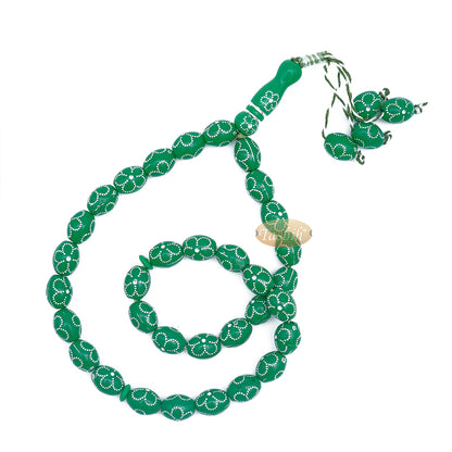 Large Green Tasbih 11X14-mm Plastic Resin Electroplated Silver-Tone Flower Design 33-Ct Prayer Dhikr Beads