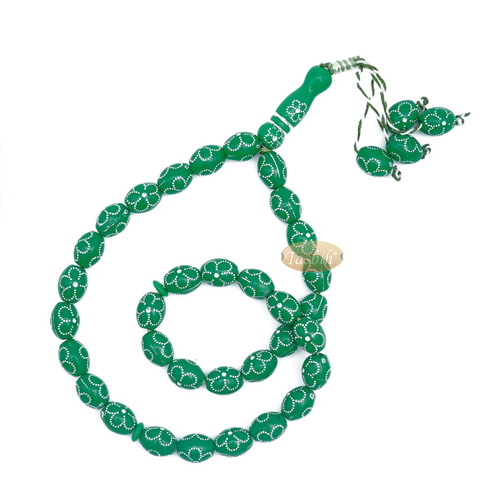 Tasbih Hijau Besar 11×14-mm Resin Plastik Saduran Perak-warna Bunga Rekaan Bunga 33-ct Manik Zikir Doa