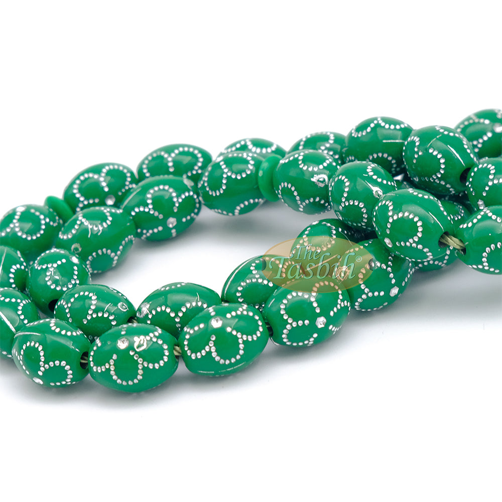 Large Green Tasbih 11X14-mm Plastic Resin Electroplated Silver-Tone Flower Design 33-Ct Prayer Dhikr Beads