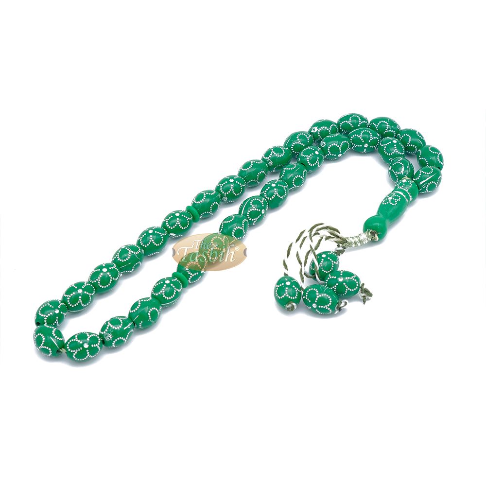 Large Green Tasbih 11×14 mm Plastic Resin Electroplated Silver-Tone Flower Design 33-Ct Prayer Dhikr Beads