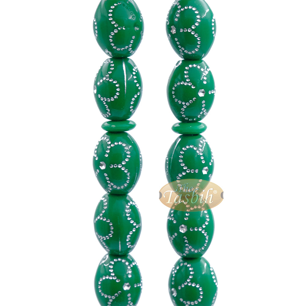 Large Green Tasbih 11×14-mm Plastic Resin Electroplated Silver-tone Flower Design 33-ct Prayer Dhikr Beads