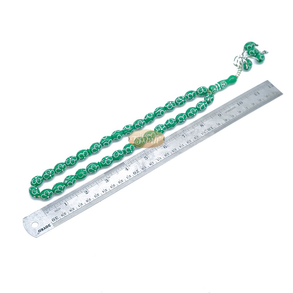 Large Green Tasbih 11×14 mm Plastic Resin Electroplated Silver-Tone Flower Design 33-Ct Prayer Dhikr Beads