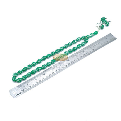 Large Green Tasbih 11×14 mm Plastic Resin Electroplated Silver-Tone Flower Design 33-Ct Prayer Dhikr Beads