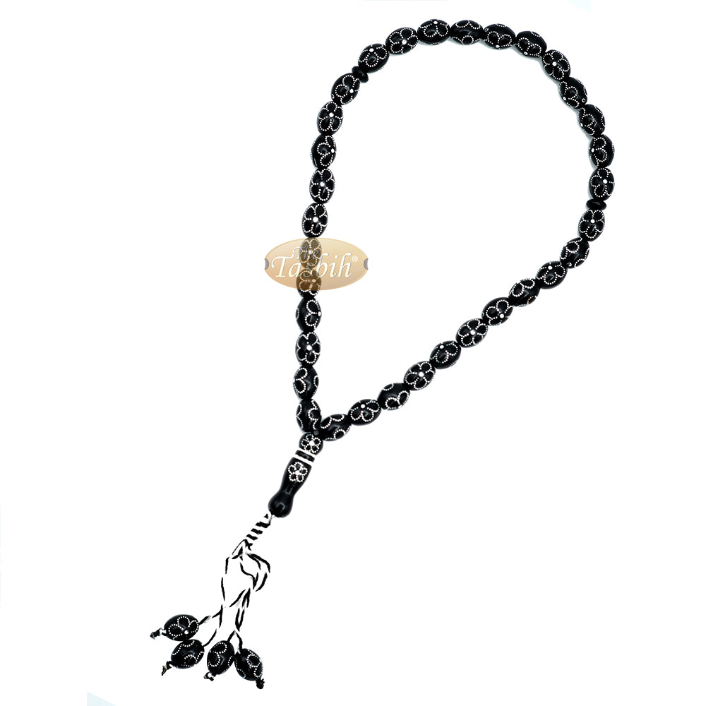 Tasbih Hitam Besar 11×14-mm Resin Plastik Saduran Perak-warna Bunga Rekaan Bunga 33-ct Manik Zikir Doa