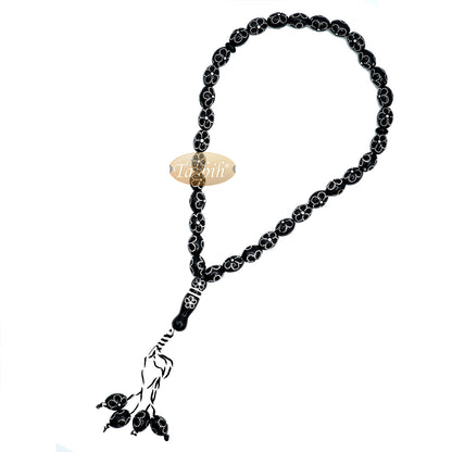Tasbih Hitam Besar 11×14-mm Resin Plastik Saduran Perak-warna Bunga Rekaan Bunga 33-ct Manik Zikir Doa