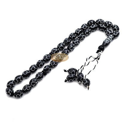 Large Black Tasbih 11X14-mm Plastic Resin Electroplated Silver-Tone Flower Design 33-Ct Prayer Dhikr Beads