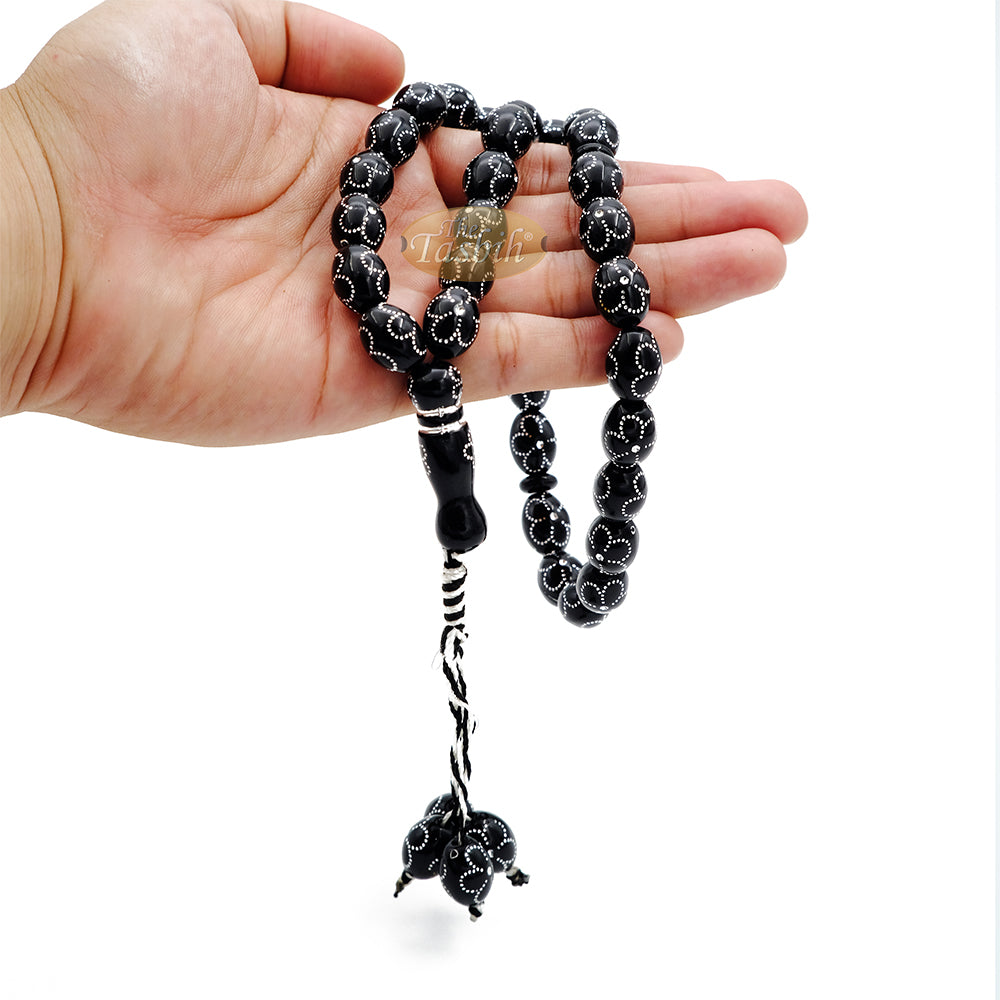 Large Black Tasbih 11X14-mm Plastic Resin Electroplated Silver-Tone Flower Design 33-Ct Prayer Dhikr Beads