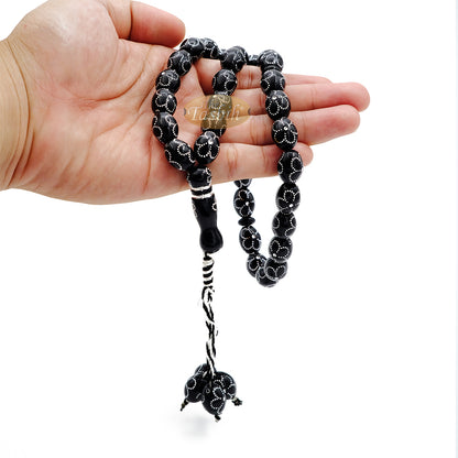 Tasbih Hitam Besar 11×14-mm Resin Plastik Saduran Perak-warna Bunga Rekaan Bunga 33-ct Manik Zikir Doa