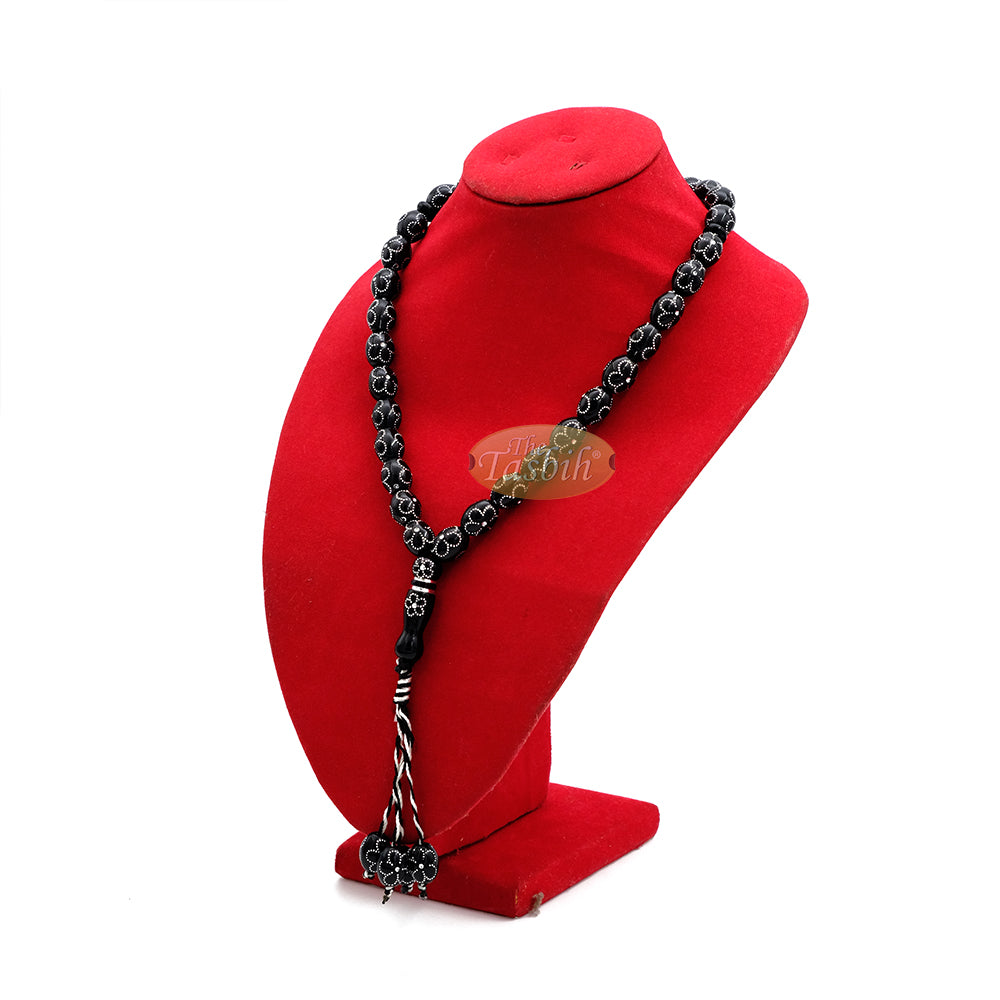 Tasbih Hitam Besar 11×14-mm Resin Plastik Saduran Perak-warna Bunga Rekaan Bunga 33-ct Manik Zikir Doa