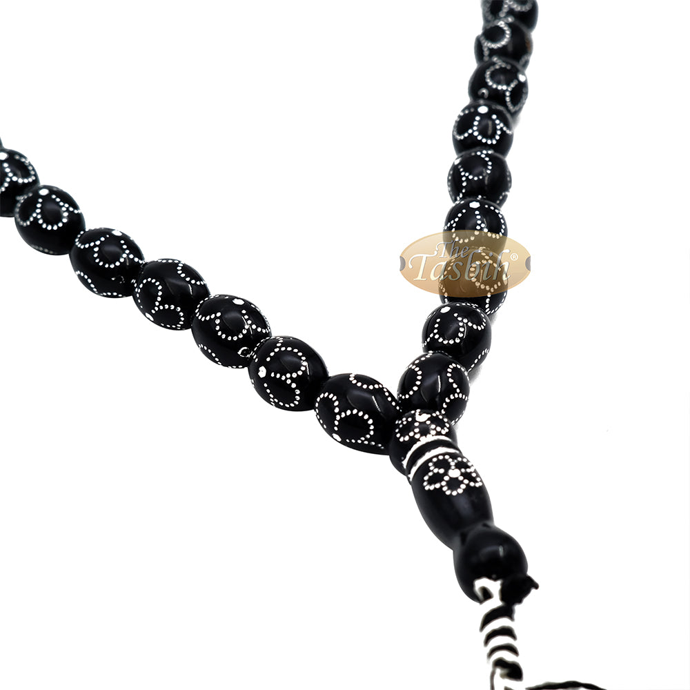 Large Black Tasbih 11X14-mm Plastic Resin Electroplated Silver-Tone Flower Design 33-Ct Prayer Dhikr Beads