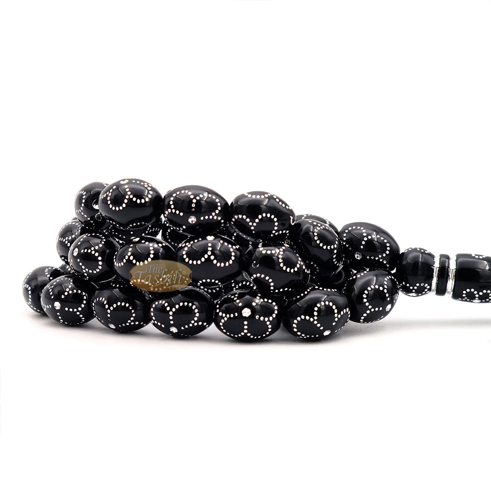 Large Black Tasbih 11X14-mm Plastic Resin Electroplated Silver-Tone Flower Design 33-Ct Prayer Dhikr Beads