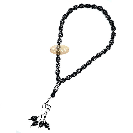 Large Black Tasbih 11×14 mm Plastic Resin Electroplated Silver-Tone Flower Design 33-Ct Prayer Dhikr Beads