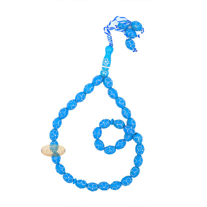 Tasbih Turquoise Besar 11×14-mm Resin Plastik Bersadur Elektronik Rekaan Bunga Berwarna Perak 33-ct Manik Zikir Doa