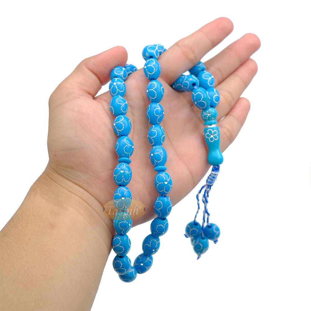 Large Turquoise Tasbih 11X14-mm Plastic Resin Electroplated Silver-Tone Flower Design 33-Ct Prayer Dhikr Beads