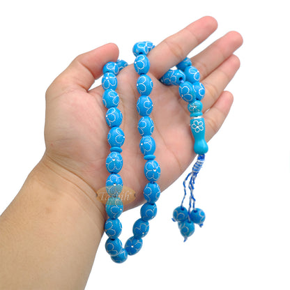 Tasbih Turquoise Besar 11×14-mm Resin Plastik Bersadur Elektronik Rekaan Bunga Berwarna Perak 33-ct Manik Zikir Doa