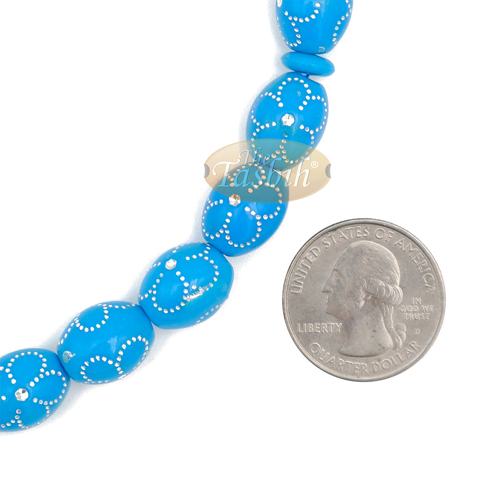 Tasbih Turquoise Besar 11×14-mm Resin Plastik Bersadur Elektronik Rekaan Bunga Berwarna Perak 33-ct Manik Zikir Doa