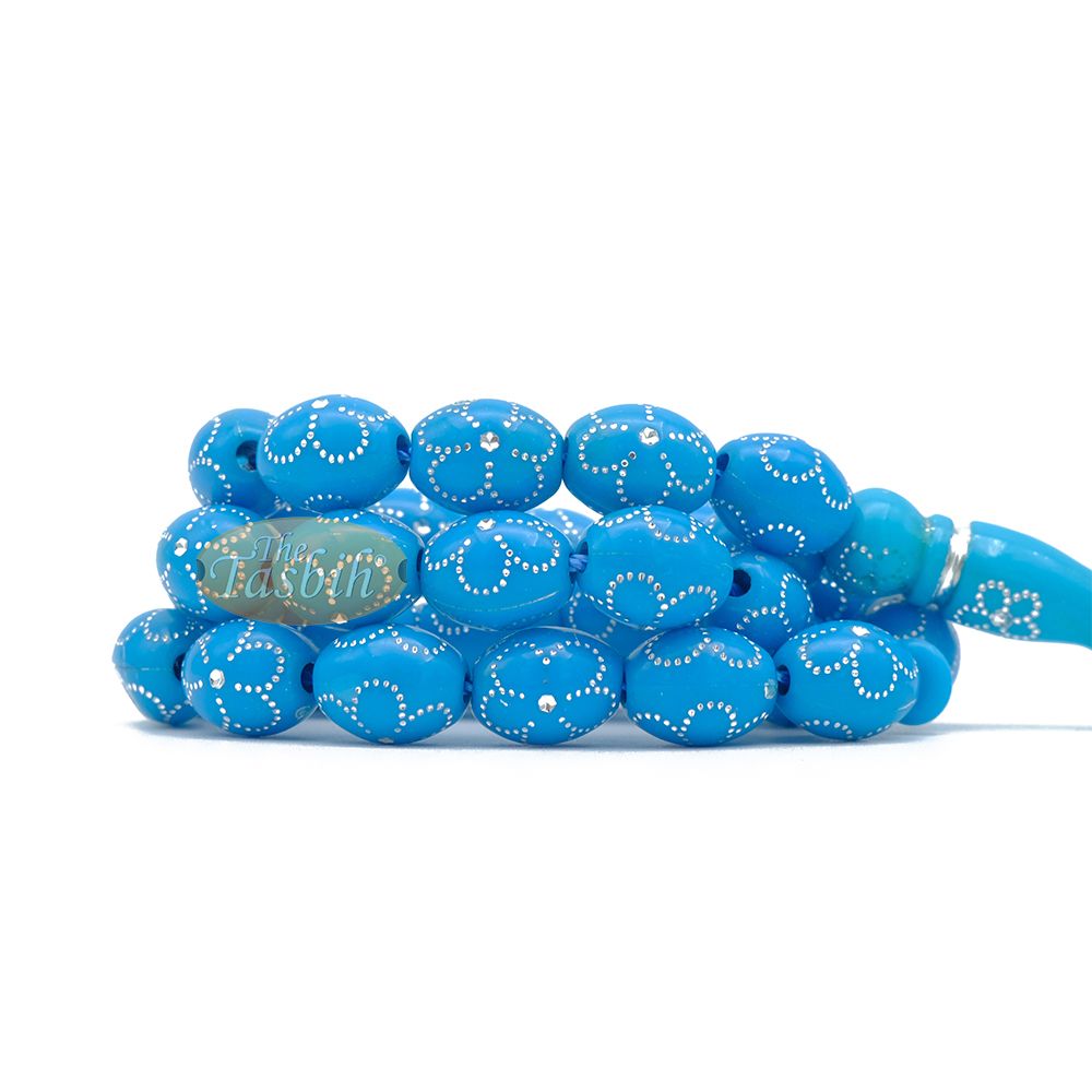 Large Turquoise Tasbih 11×14 mm Plastic Resin Electroplated Silver-Tone Flower Design 33-Ct Prayer Dhikr Beads