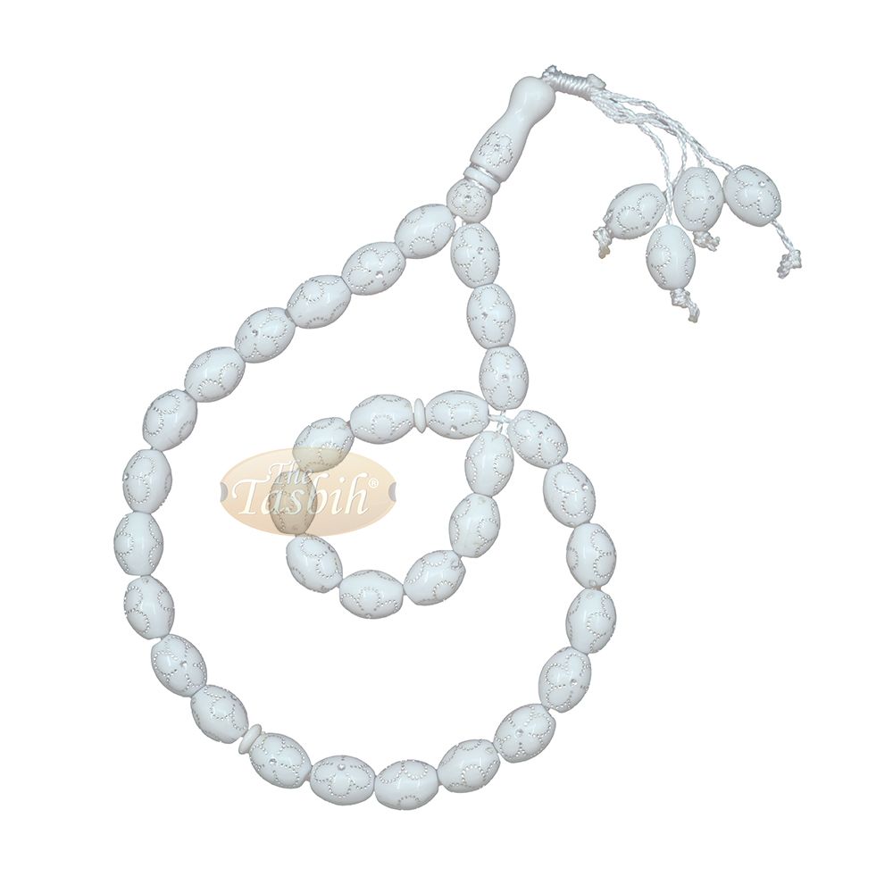 Large White Tasbih 11×14 mm Plastic Resin Electroplated Silver-Tone Flower Design 33-Ct Prayer Dhikr Beads