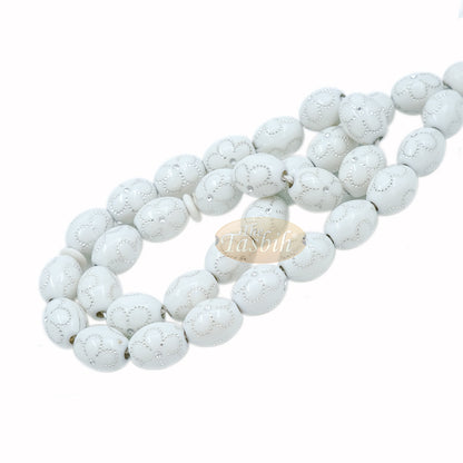 Large White Tasbih 11X14-mm Plastic Resin Electroplated Silver-Tone Flower Design 33-Ct Prayer Dhikr Beads