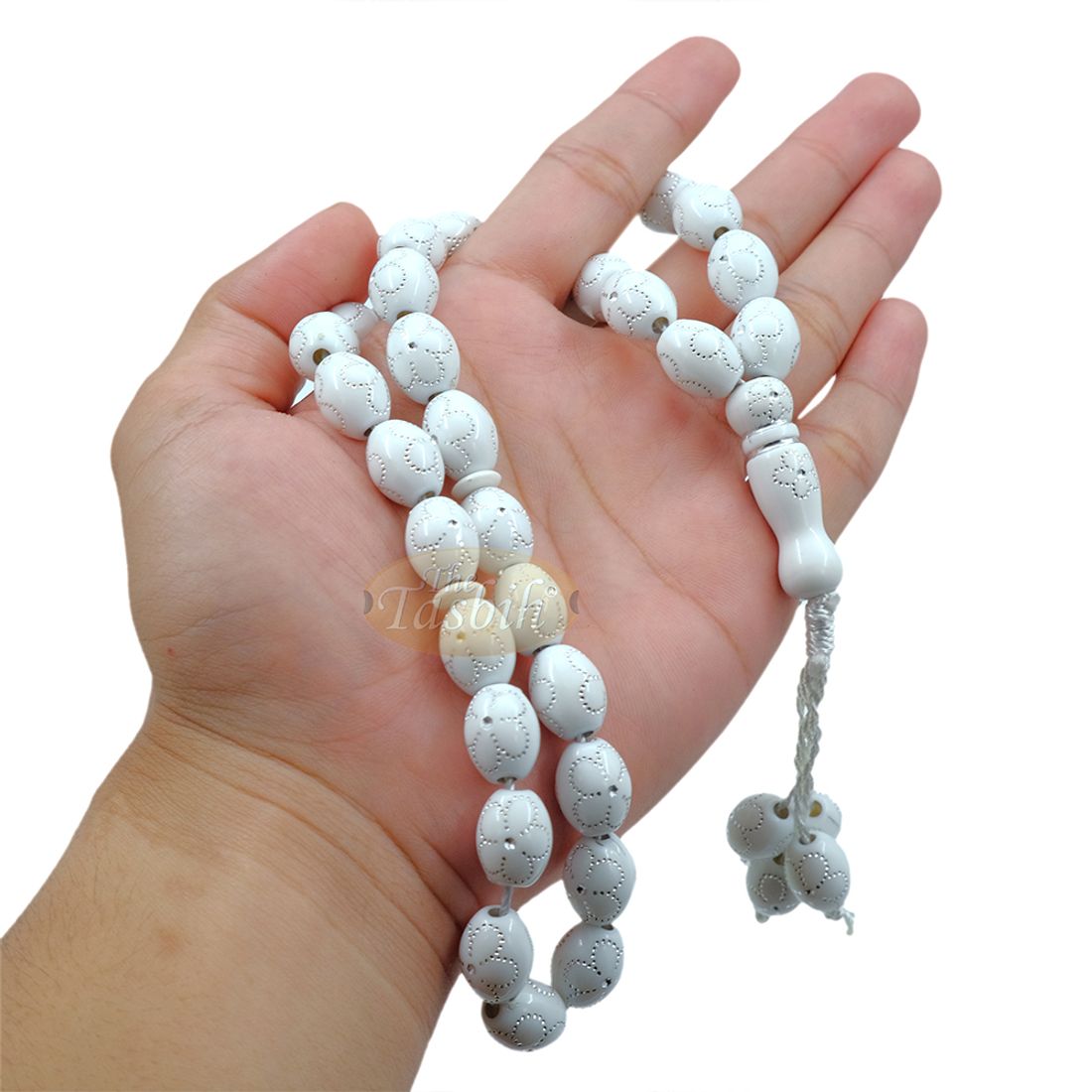 Large White Tasbih 11×14-mm Plastic Resin Electroplated Silver-tone Flower Design 33-ct Prayer Dhikr Beads