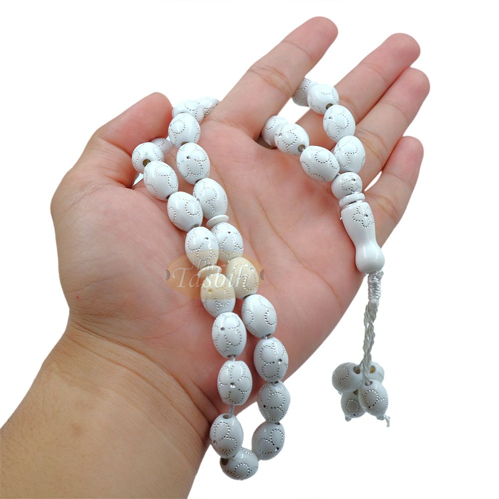 Large White Tasbih 11×14 mm Plastic Resin Electroplated Silver-Tone Flower Design 33-Ct Prayer Dhikr Beads
