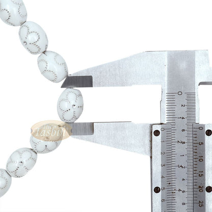Large White Tasbih 11×14 mm Plastic Resin Electroplated Silver-Tone Flower Design 33-Ct Prayer Dhikr Beads