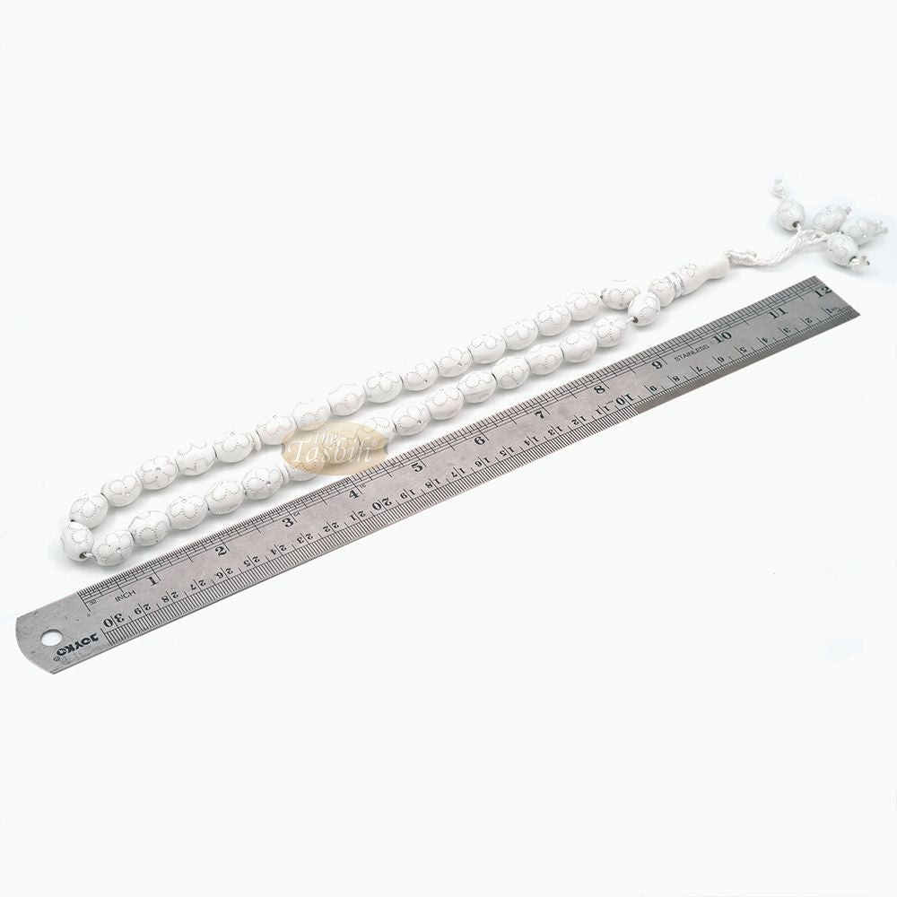 Large White Tasbih 11×14 mm Plastic Resin Electroplated Silver-Tone Flower Design 33-Ct Prayer Dhikr Beads