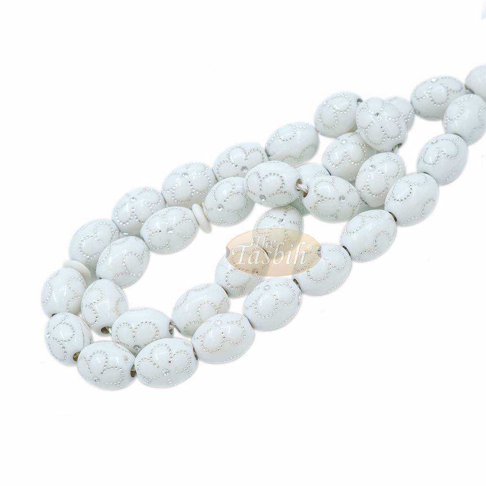 Large White Tasbih 11×14 mm Plastic Resin Electroplated Silver-Tone Flower Design 33-Ct Prayer Dhikr Beads