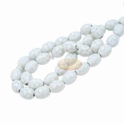 Large White Tasbih 11×14 mm Plastic Resin Electroplated Silver-Tone Flower Design 33-Ct Prayer Dhikr Beads