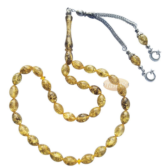 Small Acrylic Oval 33-bead Tasbih Gold-tone Leaf Flakes Accented with 2 Silver Knot Charms on Foxtail Chains