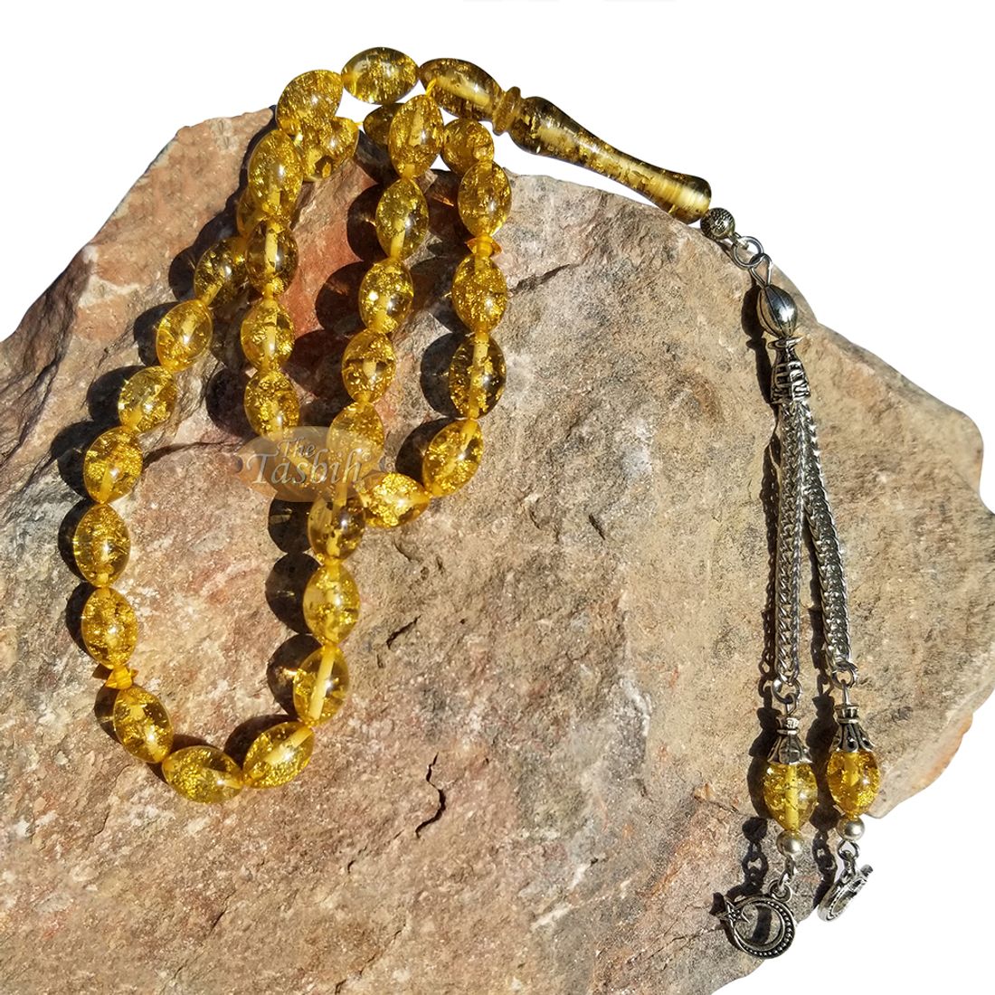 Small Acrylic Oval 33-bead Tasbih Gold-tone Leaf Flakes Accented with 2 Silver Knot Charms on Foxtail Chains