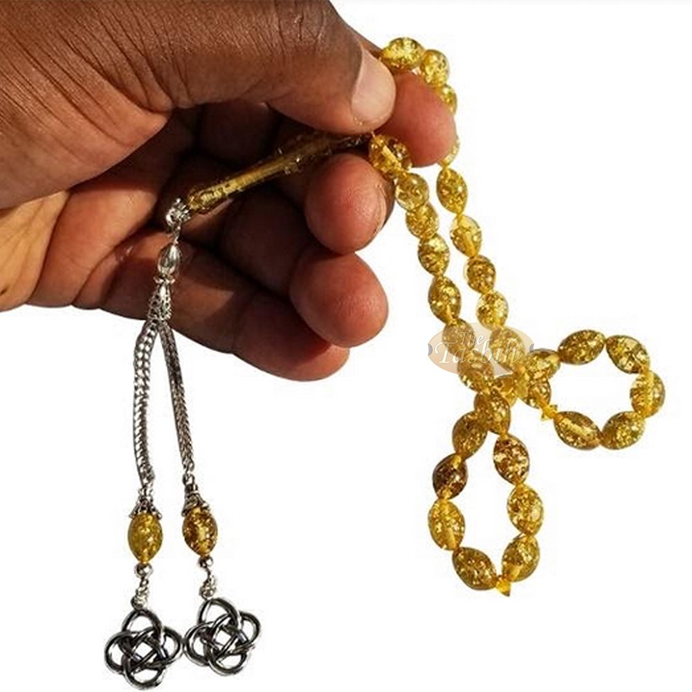 Small Acrylic Oval 33-Bead Tasbih Gold-Tone Leaf Flakes Accented with 2 Silver Knot Charms On Foxtail Chains