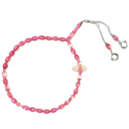 Tasbih Islami Transparan Marmer Merah Muda Oval 33 Butir 12x8 mm Akrilik Gaya Turki Tasbih Muslim Sibha dengan Liontin Bulan Sabit Bintang Kizilay