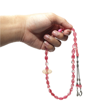 Islamic Tesbih Translucent Marble Pink Oval 33-Bead 12X8-mm Acrylic Turkish-Style Muslim Sibha Tasbih With Crescent Moon Star Kizilay Charms