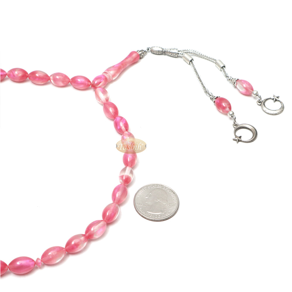 Tasbih Islami Transparan Marmer Merah Muda Oval 33 Butir 12x8 mm Akrilik Gaya Turki Tasbih Muslim Sibha dengan Liontin Bulan Sabit Bintang Kizilay