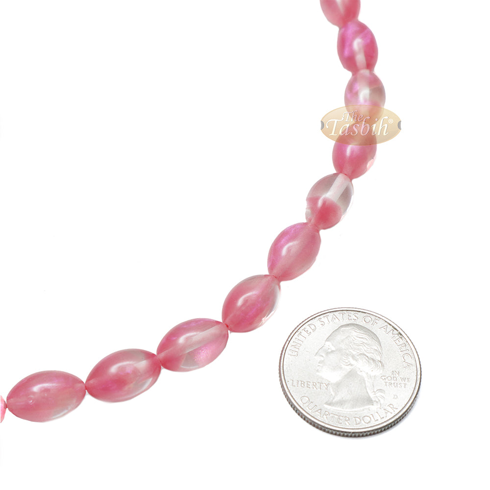 Tasbih Islami Transparan Marmer Merah Muda Oval 33 Butir 12x8 mm Akrilik Gaya Turki Tasbih Muslim Sibha dengan Liontin Bulan Sabit Bintang Kizilay