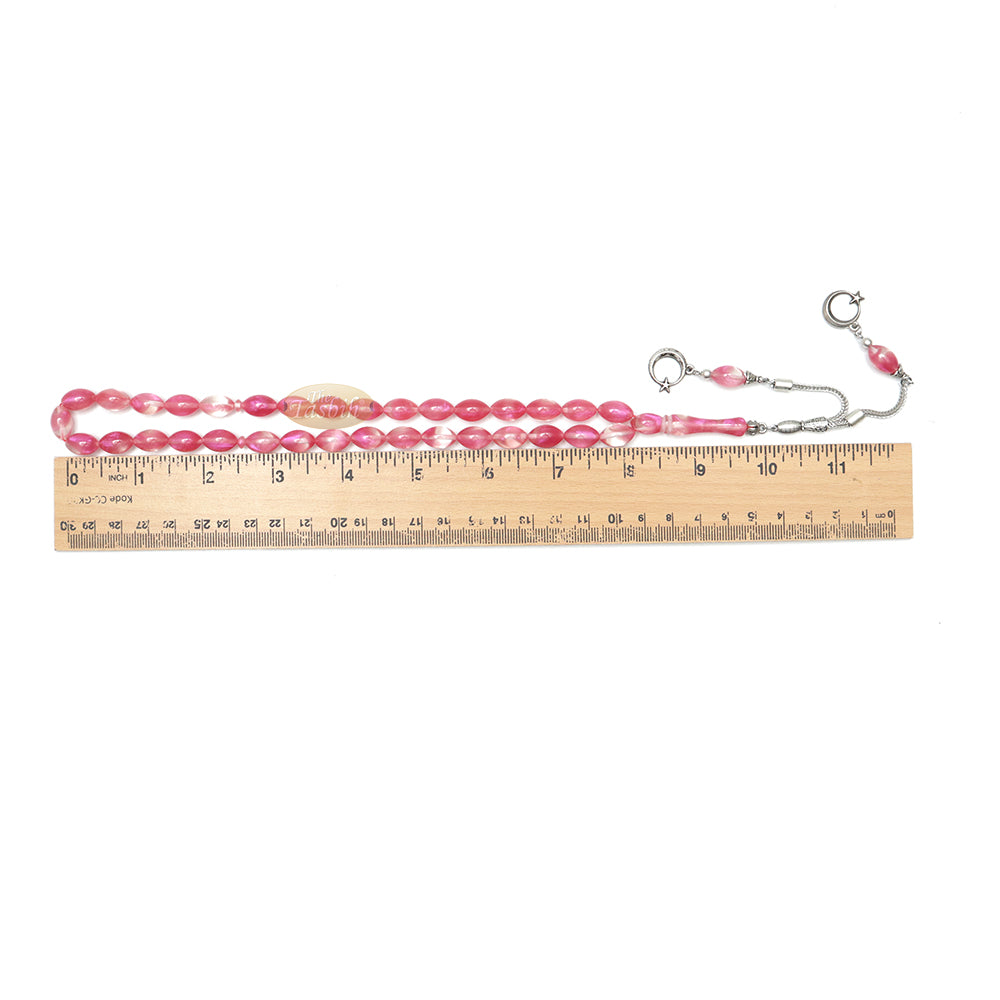Tasbih Islami Transparan Marmer Merah Muda Oval 33 Butir 12x8 mm Akrilik Gaya Turki Tasbih Muslim Sibha dengan Liontin Bulan Sabit Bintang Kizilay