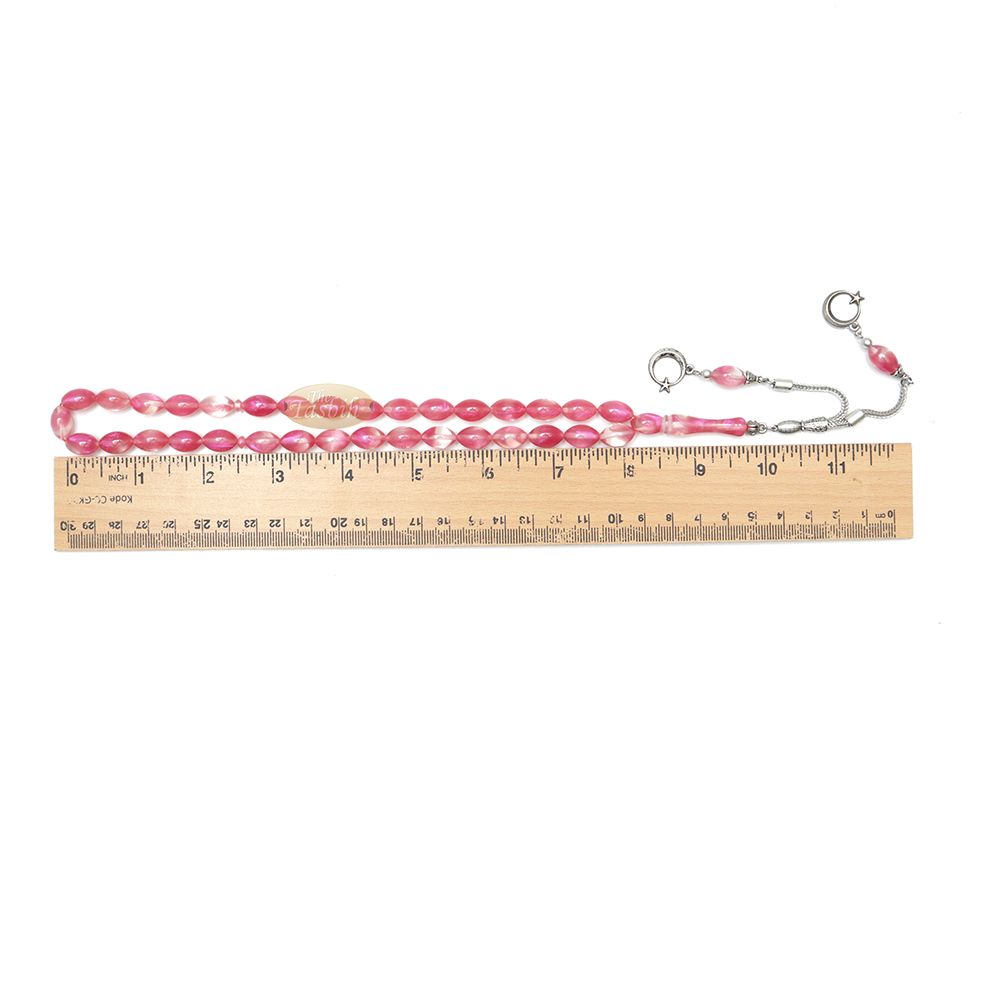 Islamic Tasbih Translucent Marble Pink Oval 33-Bead 12×8 mm Acrylic Turkish-Style Muslim Sibha Tasbih with Crescent Moon Star Kizilay Charms
