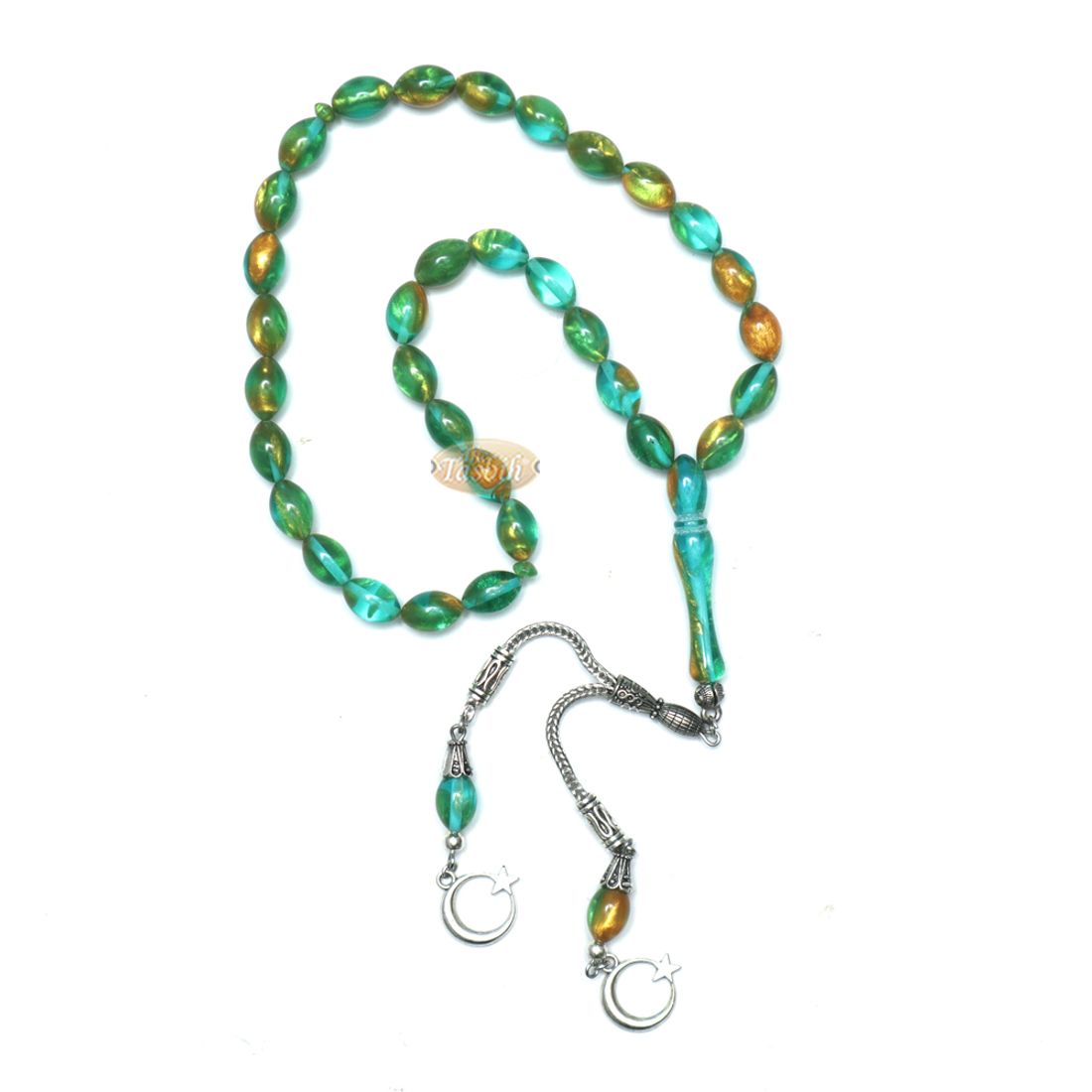 Islamic Prayer Beads Small 33-ct Tasbih 7×11-mm Oval Acrylic Translucent Marbled Turquoise Blue Green Gold from Konya Silver Kizilay Charms