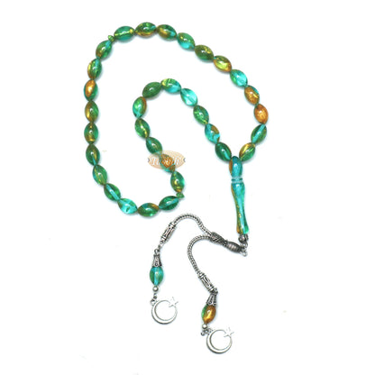 Islamic Prayer Beads Small 33-Ct Tasbih 7X11-mm Oval Acrylic Translucent Marbled Turquoise Blue Green Gold From Konya Silver Kizilay Charms