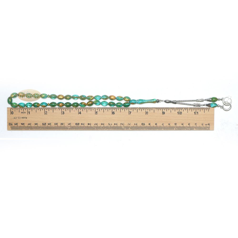 Islamic Prayer Beads Small 33-Ct Tasbih 7×11 mm Oval Acrylic Translucent Marbled Turquoise Blue Green Gold From Konya Silver Kizilay Charms