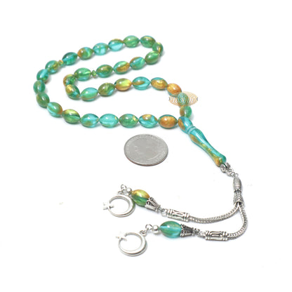 Islamic Prayer Beads Small 33-Ct Tasbih 7X11-mm Oval Acrylic Translucent Marbled Turquoise Blue Green Gold From Konya Silver Kizilay Charms