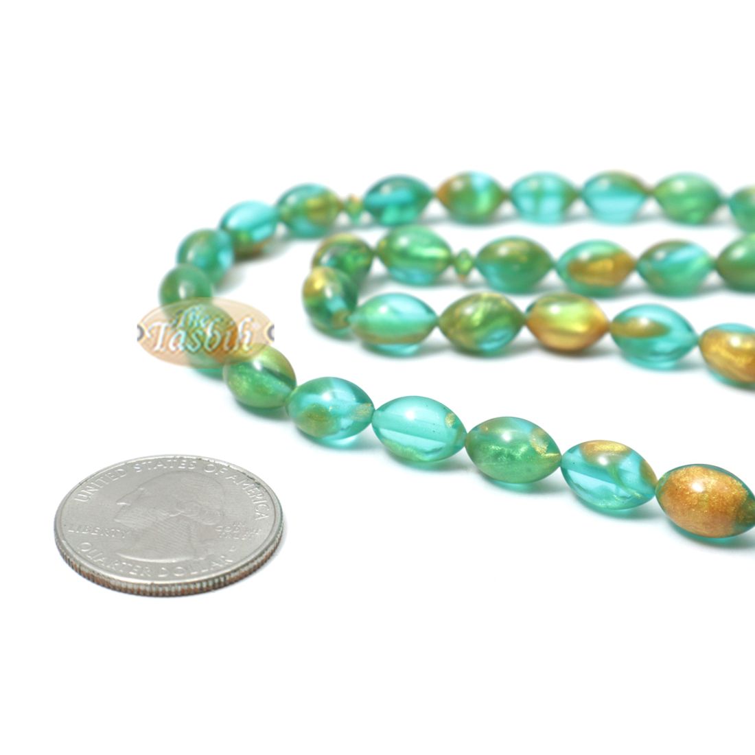 Islamic Prayer Beads Small 33-ct Tasbih 7×11-mm Oval Acrylic Translucent Marbled Turquoise Blue Green Gold from Konya Silver Kizilay Charms