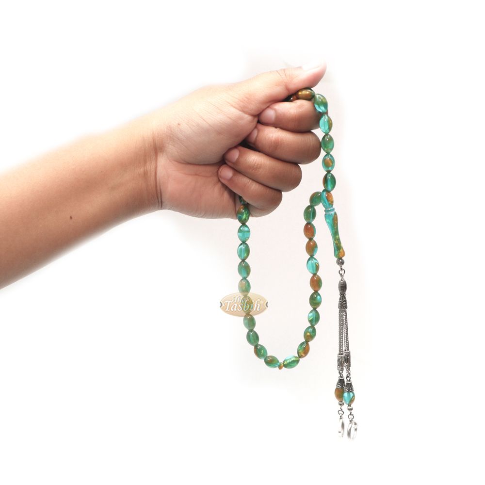 Islamic Prayer Beads Small 33-Ct Tasbih 7×11 mm Oval Acrylic Translucent Marbled Turquoise Blue Green Gold From Konya Silver Kizilay Charms
