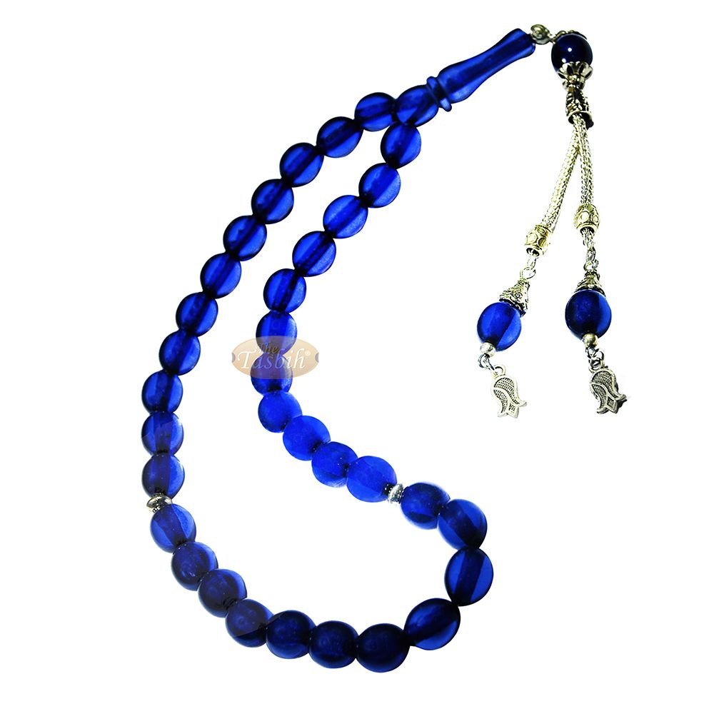 Islamic Tulip Tasbih, Small Translucent Dark Blue 33-Bead 10×9 mm Acrylic Oval Turkish Sibha Tasbih Prayer Beads Tulip Charm Tassels Eid Gift